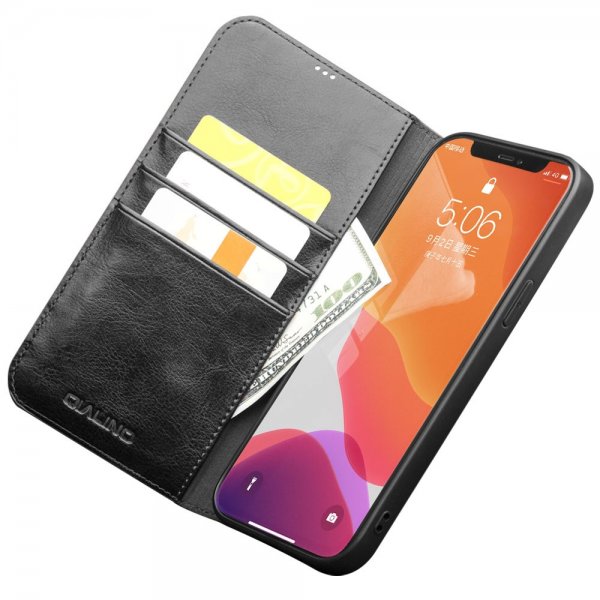 Qialino iPhone 12/iPhone 12 Pro Etui Ægte Læder Sort
