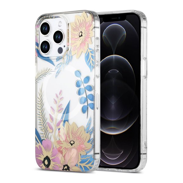 iPhone 12 Pro Max Cover Blomstret mønster MagSafe Rosa Blå