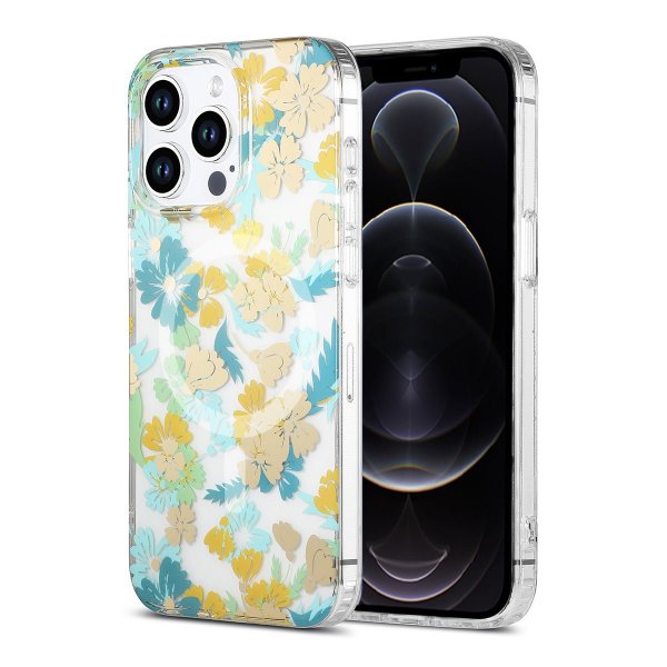 iPhone 12 Pro Max Cover Blomstermønster MagSafe Turkis