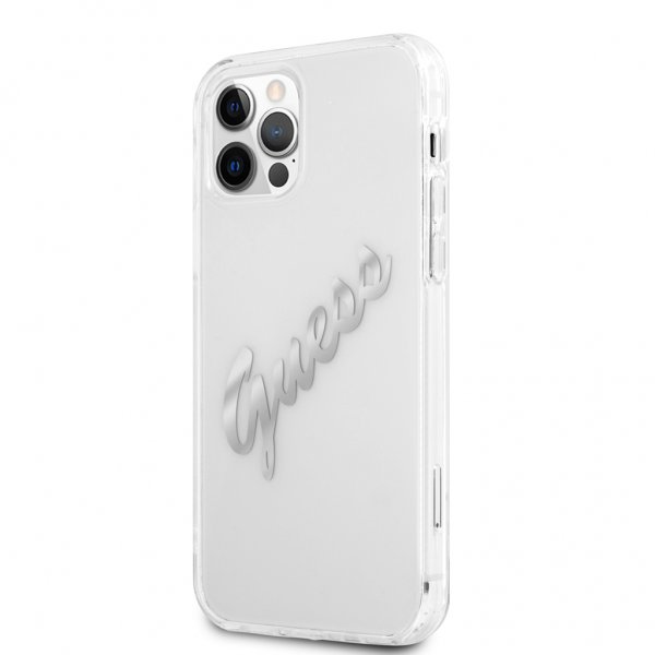 Guess iPhone 12 Pro Max Cover Vintage Script Silver Transparent