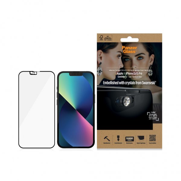 PanzerGlass iPhone 13/iPhone 13 Pro Skærmbeskyttelse Edge-to-Edge Swarovski CamSlider
