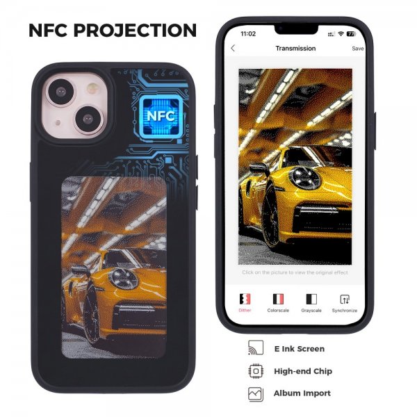 iPhone 13/iPhone 14 Cover med Indbygget Display E Ink Case Sort