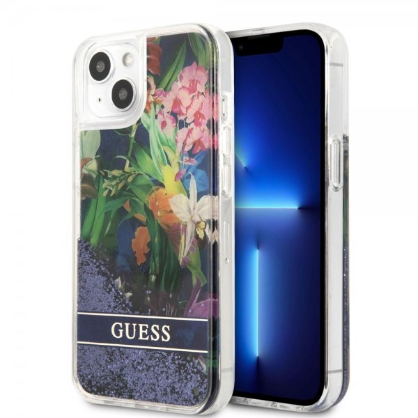 Guess iPhone 13 Mini Cover Liquid Glitter Flower Pattern Blå