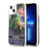 Guess iPhone 13 Mini Cover Liquid Glitter Flower Pattern Blå