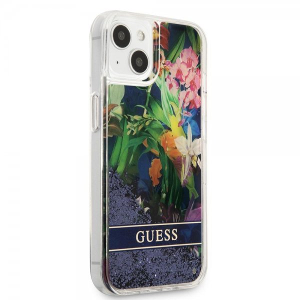 Guess iPhone 13 Mini Cover Liquid Glitter Flower Pattern Blå