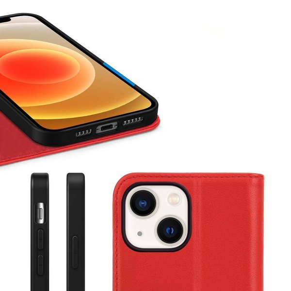 Rvelon iPhone 13 Etui Ægte læder Kortlomme Rød