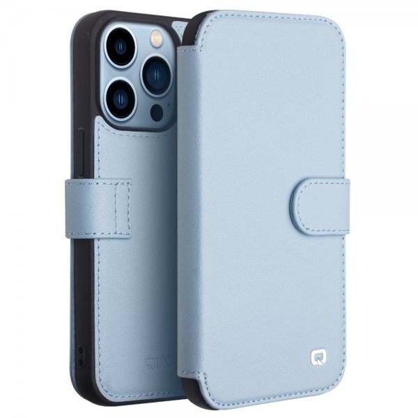 Qialino iPhone 13 Pro Etui Ægte læder Kortplads Blå