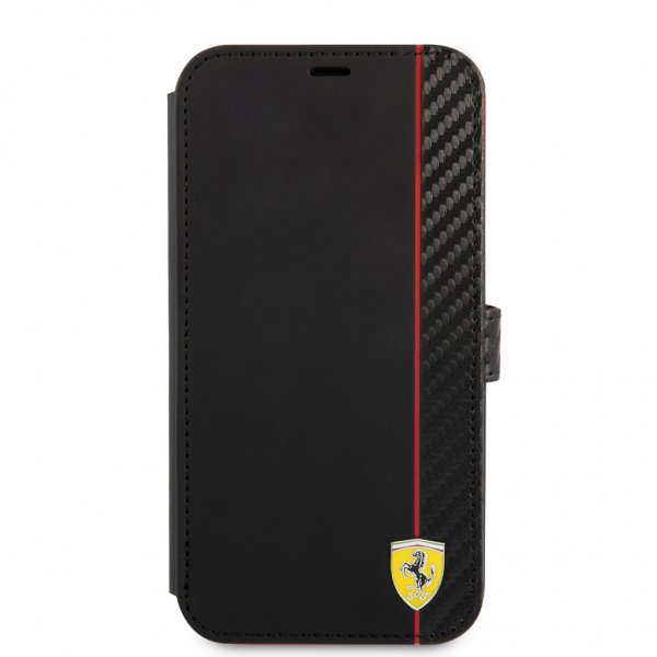 Ferrari iPhone 13 Pro Cover Carbon Effect Metal Logo Vertical Stripe Sort
