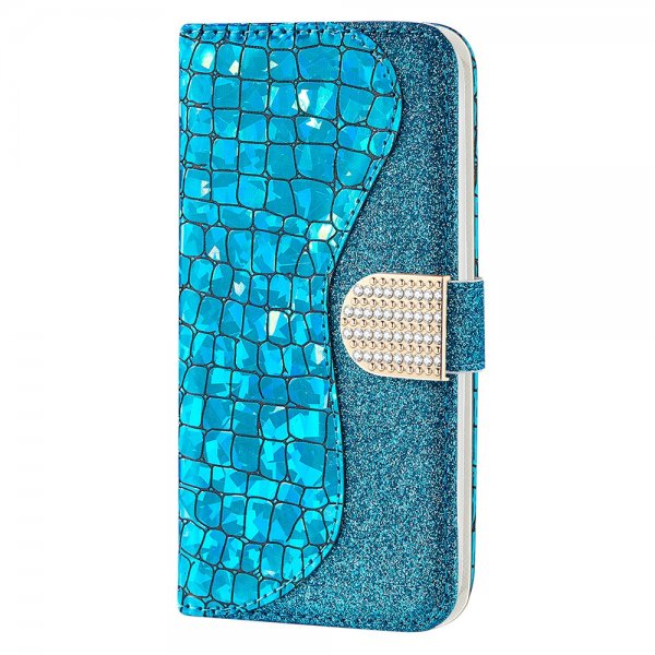 iPhone 13 Pro Etui Krokodillemønster Glitter Blå