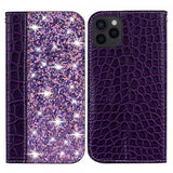 iPhone 13 Pro Etui Krokodillemønster Glitter Flip Lilla