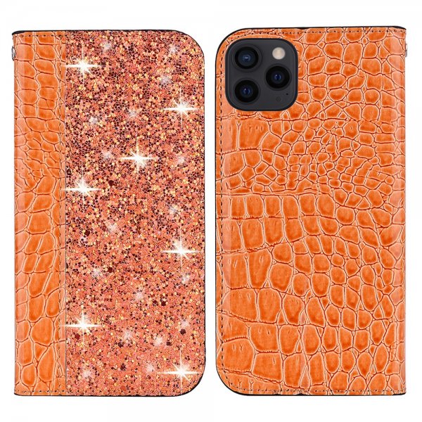 iPhone 13 Pro Etui Krokodillemønster Glitter Flip Orange