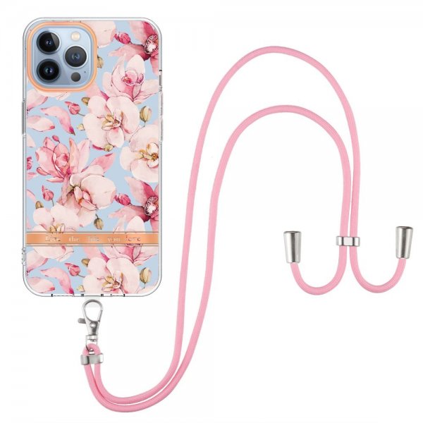 iPhone 13 Pro Max Cover Blomstermønster Rem Rosa Gardenia