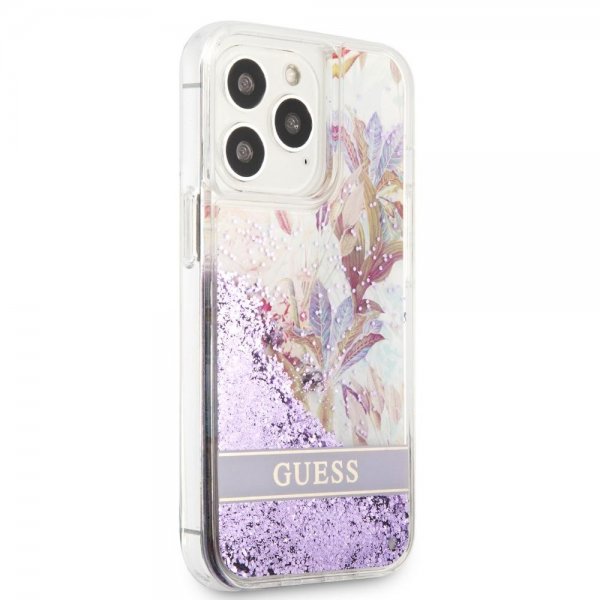 Guess iPhone 13 Pro Max Cover Liquid Glitter Flower Pattern Lilla