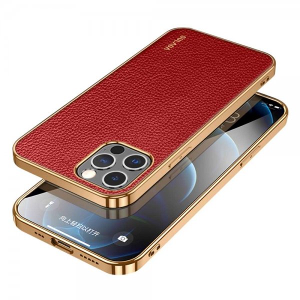 Sulada iPhone 13 Pro Max Cover Litchi-mønster Forgyldt Kant Rød