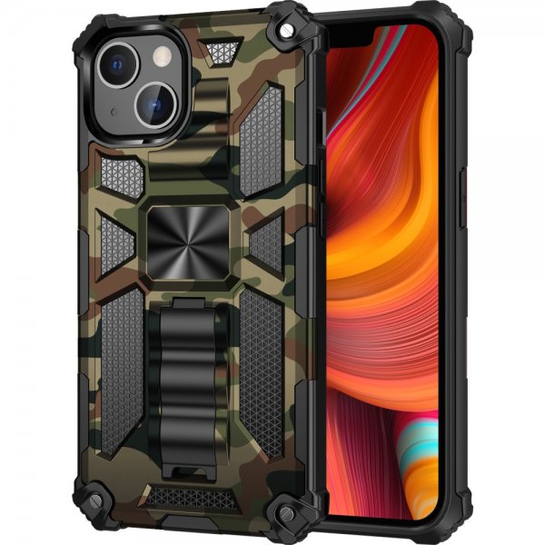 iPhone 13 Pro Cover med Metalplade Standerfunktion Camouflage Grøn