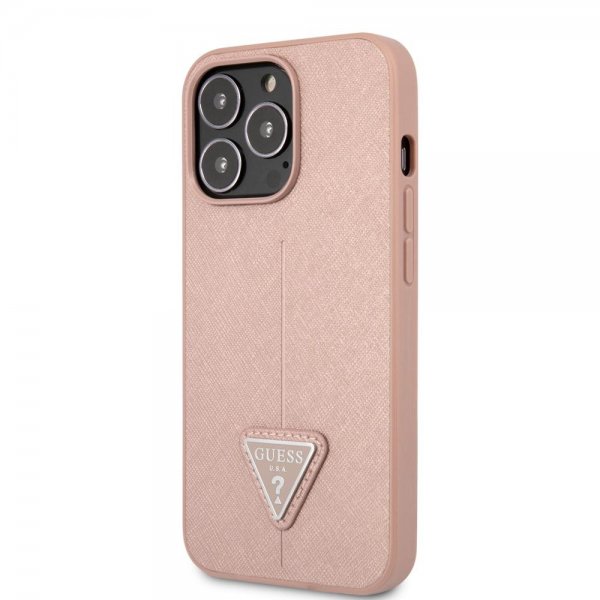 Guess iPhone 13 Pro Max Cover Saffiano Metal Triangle Rosa