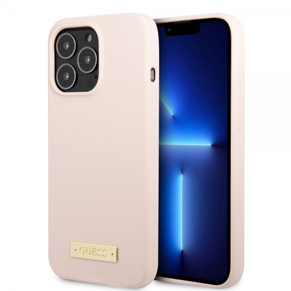 Guess iPhone 13 Pro Max Cover Silicone Metal Plate MagSafe Rosa