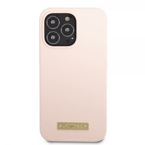 Guess iPhone 13 Pro Max Cover Silicone Metal Plate MagSafe Rosa