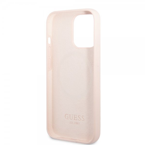 Guess iPhone 13 Pro Max Cover Silicone Metal Plate MagSafe Rosa