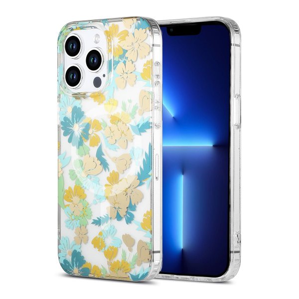 iPhone 13 Pro Cover Blomstermønster MagSafe Turkis