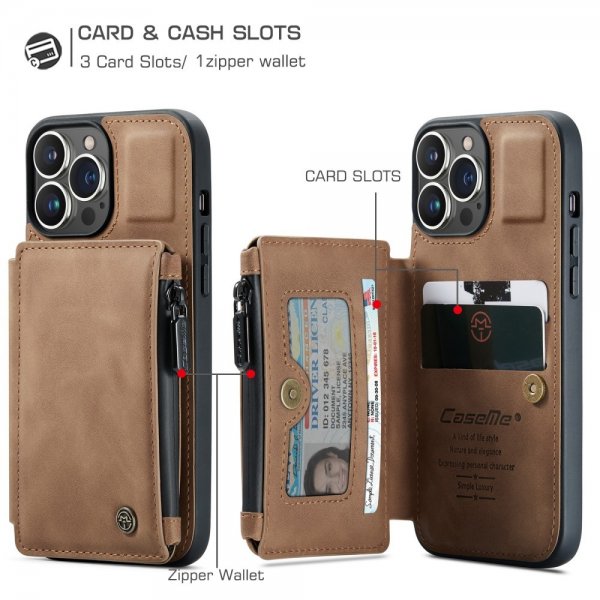 CaseMe iPhone 13 Pro Cover C20 Kortlomme Lynlås Brun