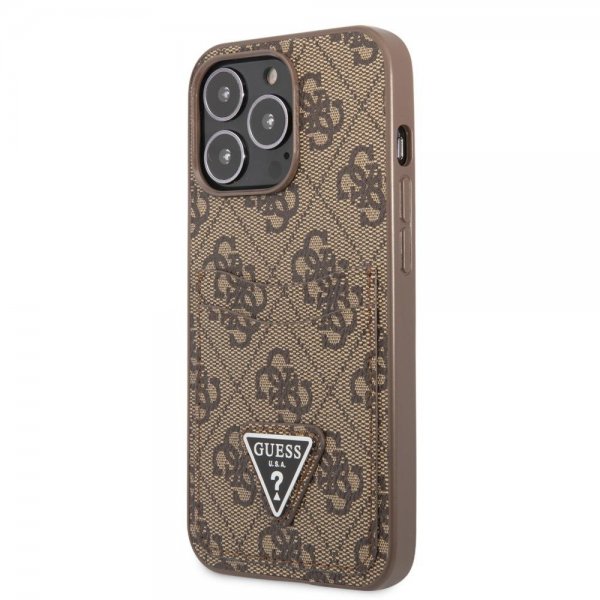 Guess iPhone 13 Pro Cover Double Cardslot Metal Triangle Brun