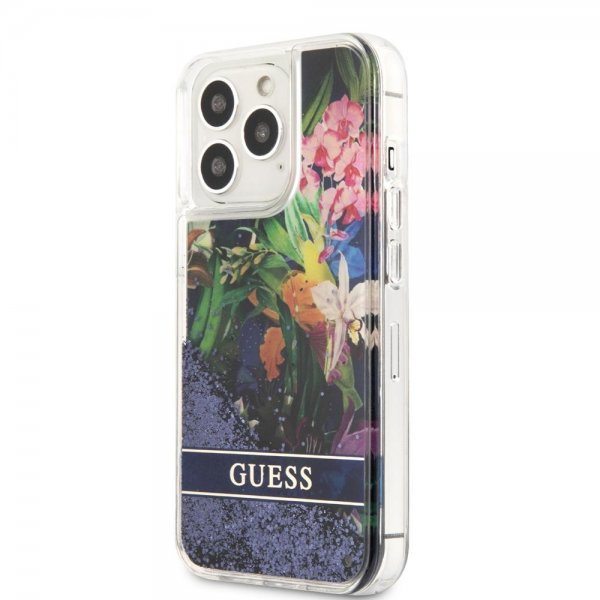 Guess iPhone 13 Pro Cover Liquid Glitter Flower Pattern Blå