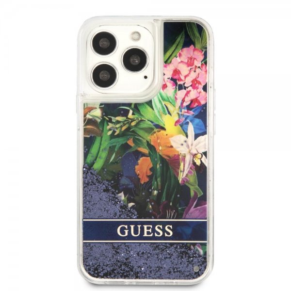 Guess iPhone 13 Pro Cover Liquid Glitter Flower Pattern Blå
