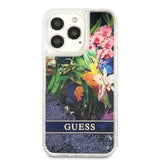 Guess iPhone 13 Pro Cover Liquid Glitter Flower Pattern Blå