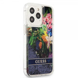 Guess iPhone 13 Pro Cover Liquid Glitter Flower Pattern Blå
