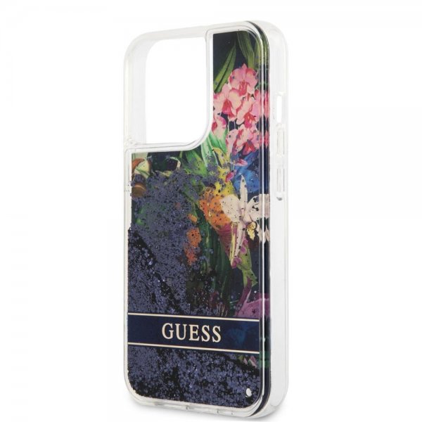 Guess iPhone 13 Pro Cover Liquid Glitter Flower Pattern Blå