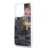 Guess iPhone 13 Pro Cover Liquid Glitter Flower Pattern Blå