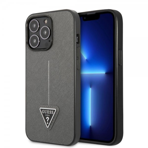 Guess iPhone 13 Pro Cover Saffiano Metal Triangle Silver