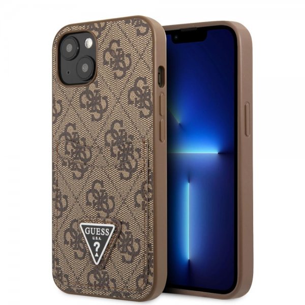 Guess iPhone 13 Cover Double Cardslot Metal Triangle Brun