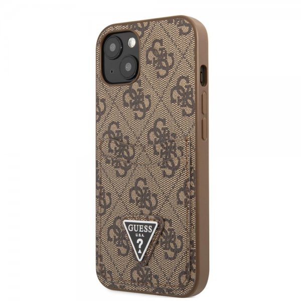 Guess iPhone 13 Cover Double Cardslot Metal Triangle Brun