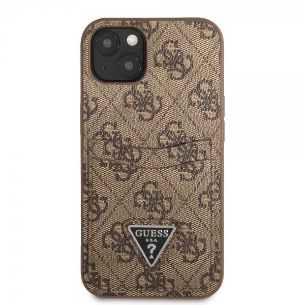 Guess iPhone 13 Cover Double Cardslot Metal Triangle Brun