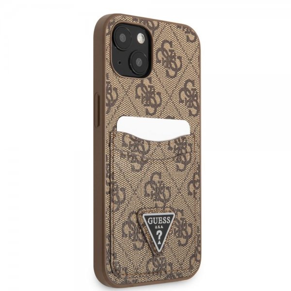 Guess iPhone 13 Cover Double Cardslot Metal Triangle Brun