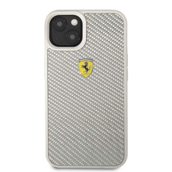 Ferrari iPhone 13 Cover Ægte Carbon Metal Logo Sølv
