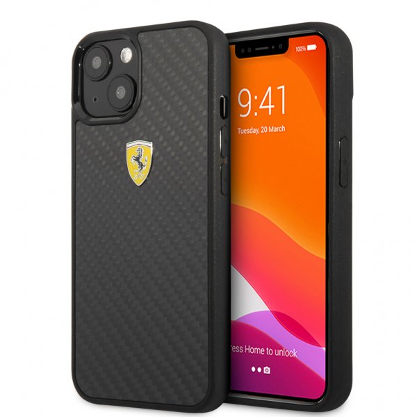 Ferrari iPhone 13 Cover Ægte Carbon Metal Logo Sort
