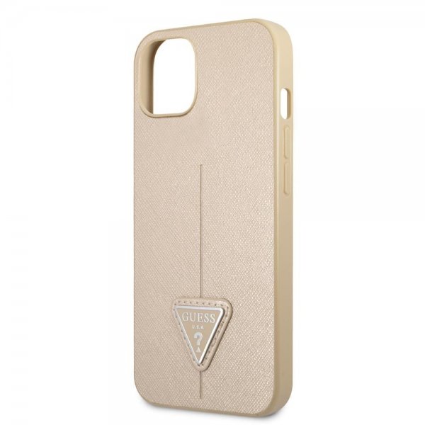 Guess iPhone 13 Cover Saffiano Metal Triangle Beige