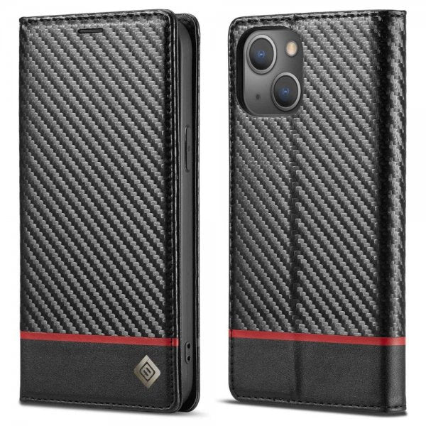 Lc.Imeeke iPhone 14 Plus Cover Kulfibertekstur Rød Stribe Horisontal