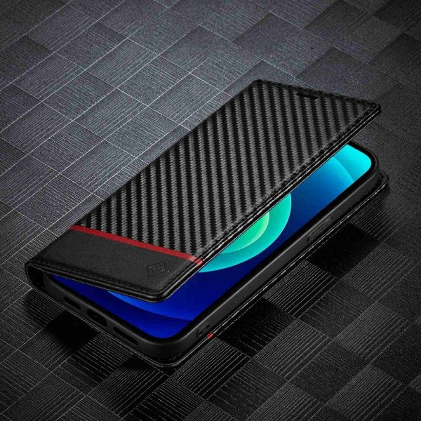 Lc.Imeeke iPhone 14 Plus Cover Kulfibertekstur Rød Stribe Horisontal