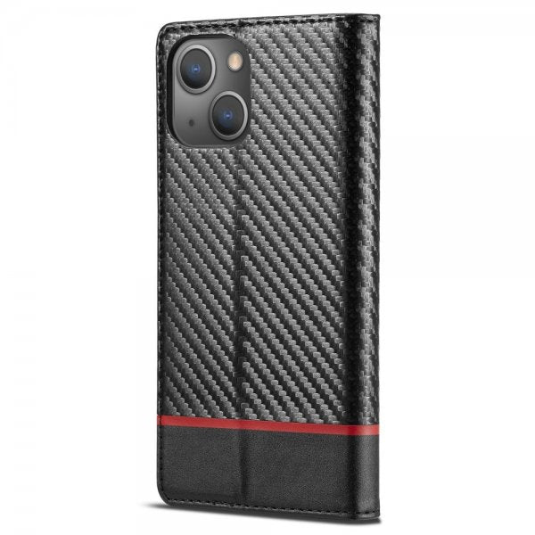 Lc.Imeeke iPhone 14 Plus Cover Kulfibertekstur Rød Stribe Horisontal