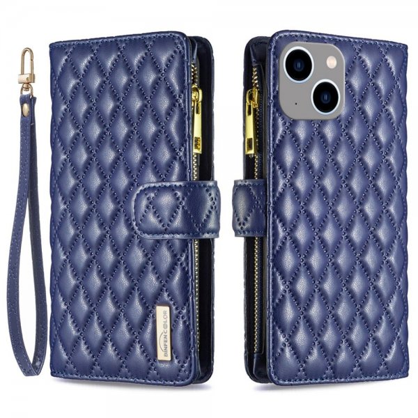 iPhone 14 Plus Cover Rhombusmønster Lynlås Blå