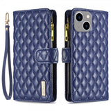 iPhone 14 Plus Cover Rhombusmønster Lynlås Blå