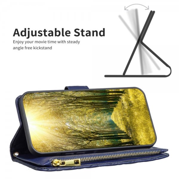 iPhone 14 Plus Cover Rhombusmønster Lynlås Blå