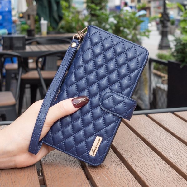 iPhone 14 Plus Cover Rhombusmønster Lynlås Blå