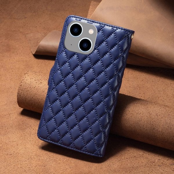 iPhone 14 Plus Cover Rhombusmønster Lynlås Blå
