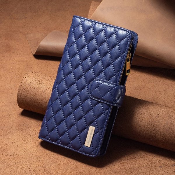 iPhone 14 Plus Cover Rhombusmønster Lynlås Blå