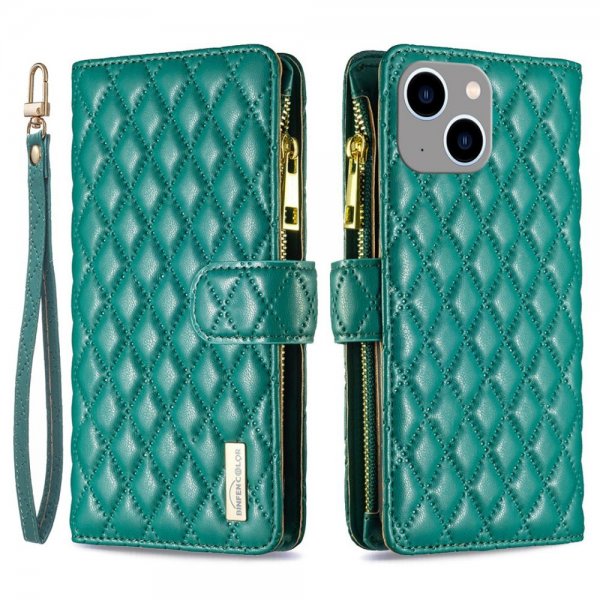 iPhone 14 Plus Cover Rhombusmønster Lynlås Grøn